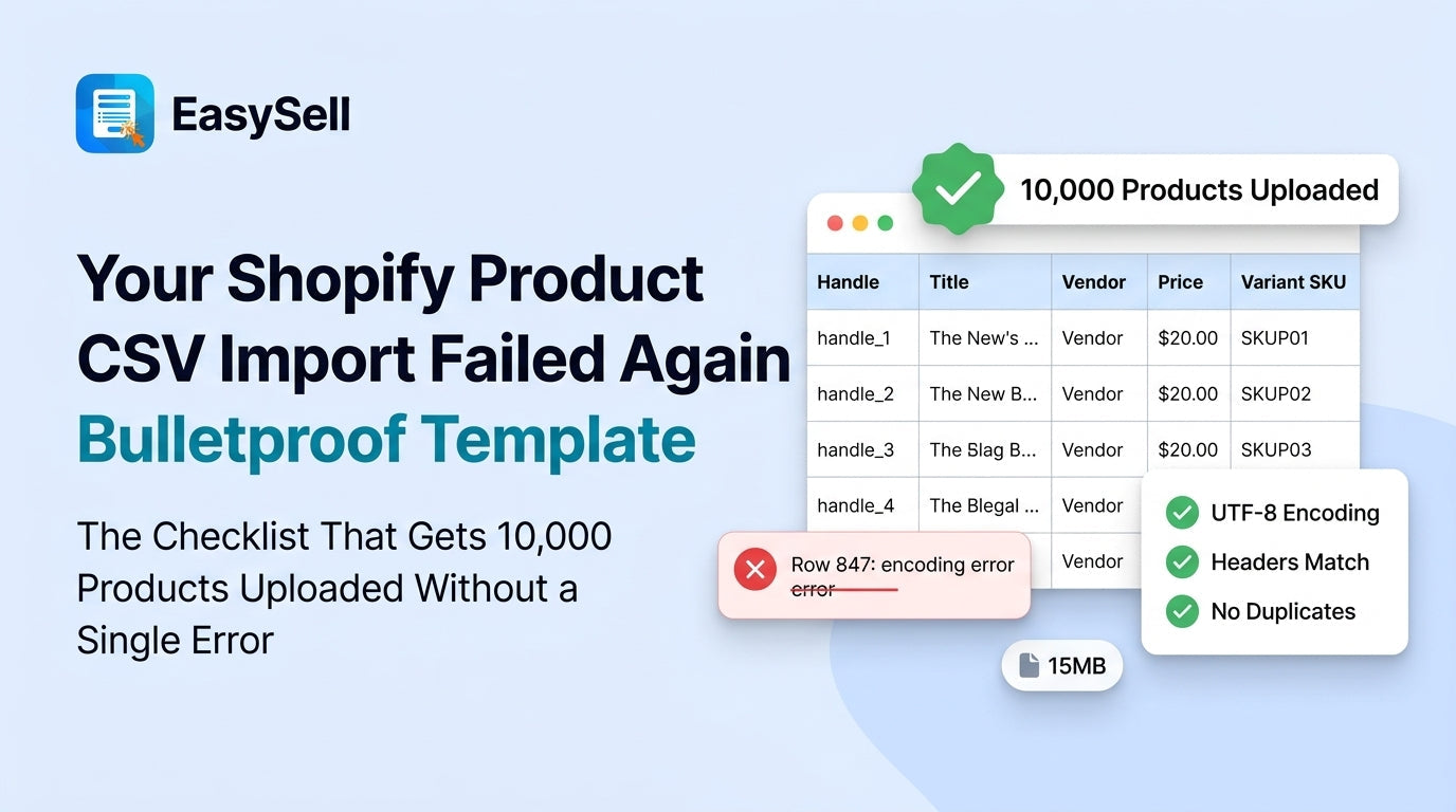 Shopify product CSV import checklist showing a spreadsheet with correct headers and encoding settings ready for bulk upload