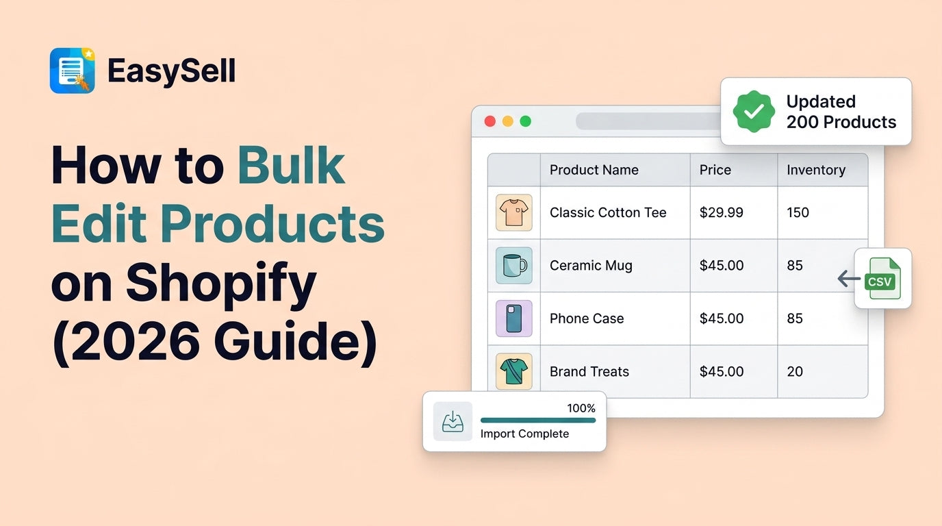 How to Bulk Edit Products on Shopify 2026 Guide — browser mockup showing spreadsheet-style product editor with product names, prices, and inventory columns, CSV import icon, and Updated 200 Products badge