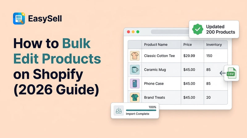 How to Bulk Edit Products on Shopify 2026 Guide — browser mockup showing spreadsheet-style product editor with product names, prices, and inventory columns, CSV import icon, and Updated 200 Products badge