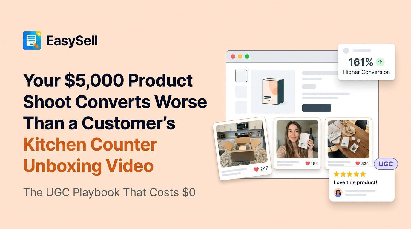Shopify store product page showing customer-submitted photos alongside professional product images with conversion rate comparison