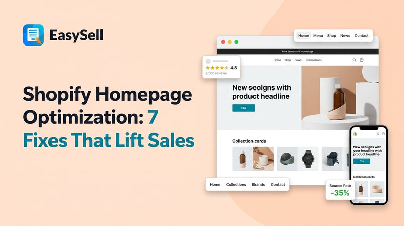 Shopify homepage optimization checklist with hero section, navigation, and social proof elements on a clean store layout