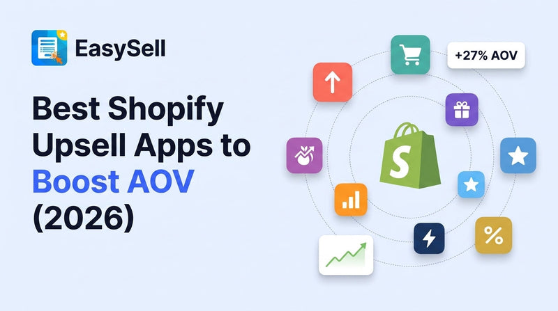 Best Shopify upsell apps comparison showing app icons and AOV growth chart on soft blue background