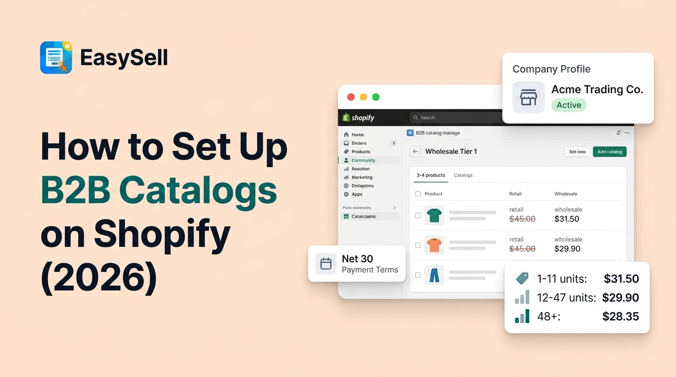 Shopify B2B catalog setup interface with wholesale pricing tiers and company profiles