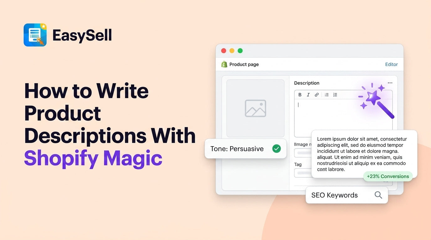 Shopify Magic product description generator interface with AI-generated text on a clean product page layout