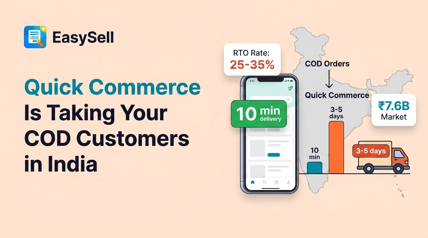 Quick commerce delivery versus traditional COD ecommerce in India showing 10-minute delivery comparison