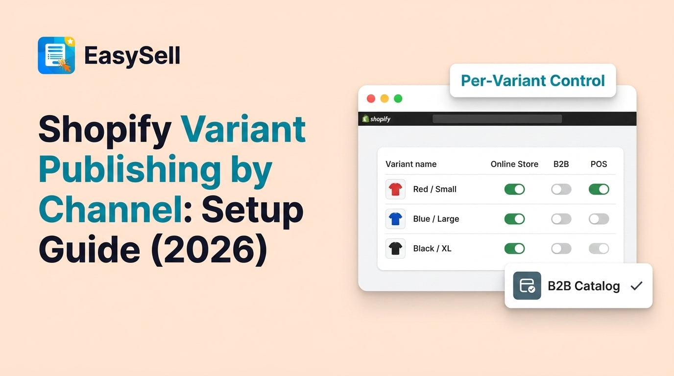 Shopify variant publishing controls showing variants toggled on and off across different sales channels