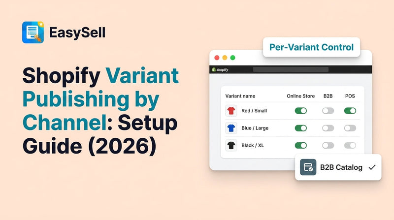 Shopify variant publishing controls showing variants toggled on and off across different sales channels