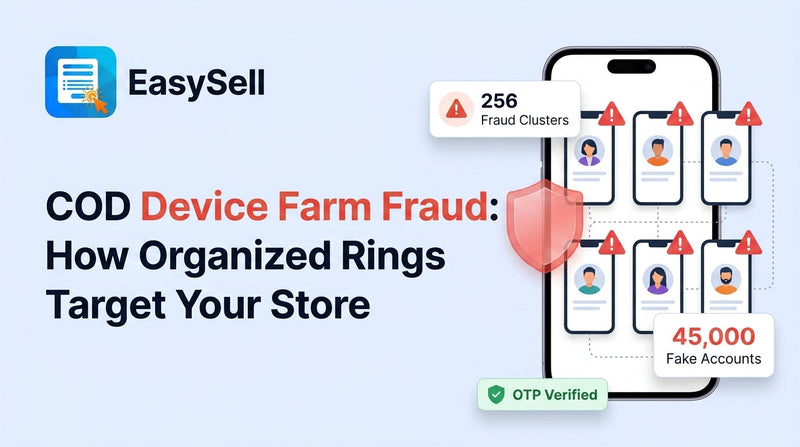 Illustration showing a device farm network with multiple phones connected to fake COD orders being blocked by fraud prevention shields