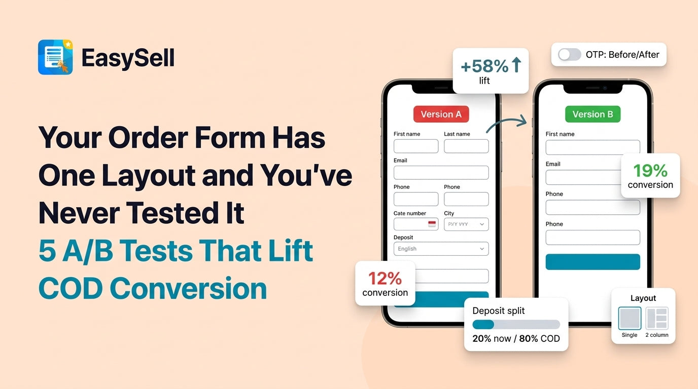 Split-screen comparison of two Shopify order form layouts with conversion rate metrics showing improvement from A/B testing