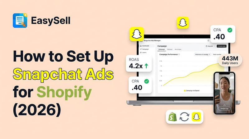 Snapchat ads setup dashboard with Shopify store integration and campaign metrics