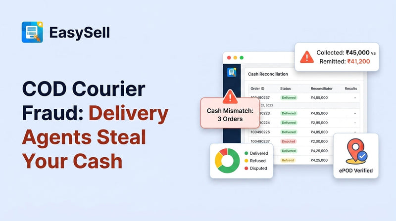 Illustration showing COD courier fraud patterns with delivery agent, cash collection, and reconciliation controls