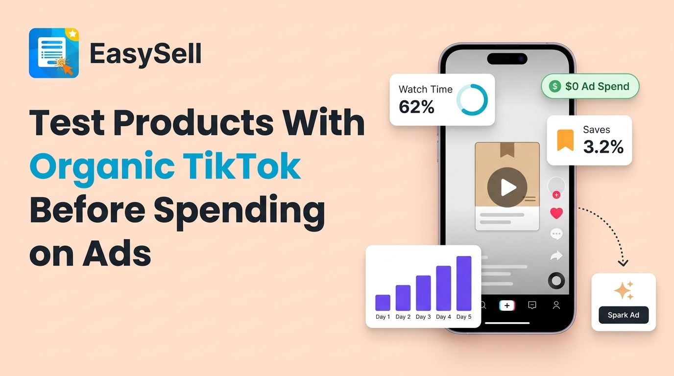 Shopify merchant reviewing TikTok organic video performance metrics on a phone before launching paid ad campaigns