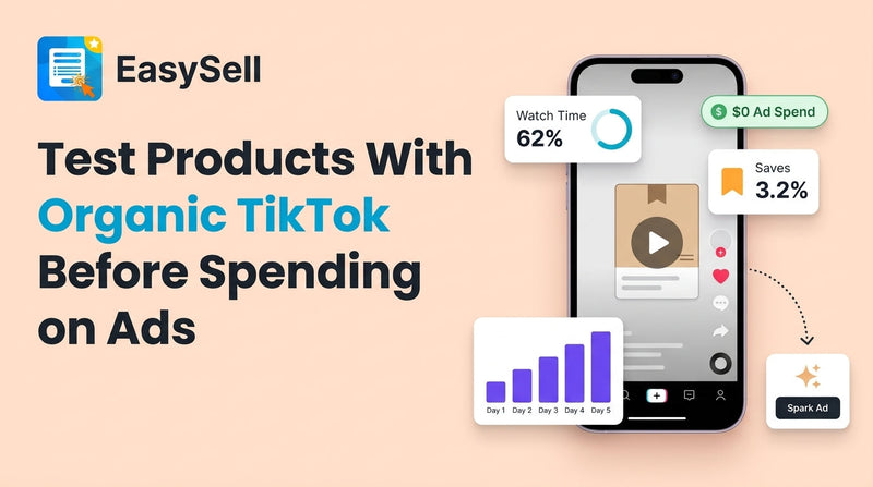 Shopify merchant reviewing TikTok organic video performance metrics on a phone before launching paid ad campaigns