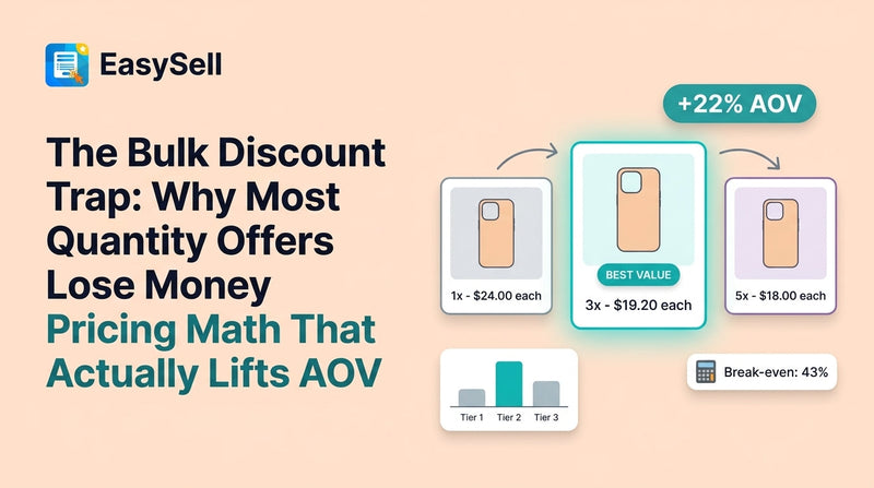 Shopify quantity discount pricing tiers with profit margin calculations showing break-even analysis