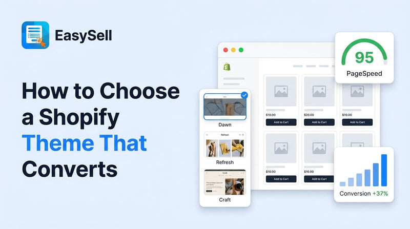Shopify theme selection guide showing free theme comparison with speed scores and conversion tips