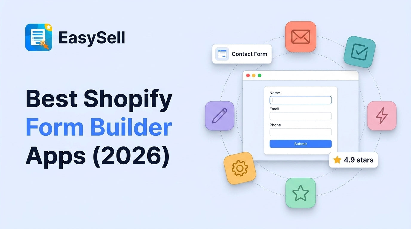 Best Shopify form builder apps for 2026 featuring a browser mockup with a contact form surrounded by floating app icons for email, settings, and verification on a soft blue background