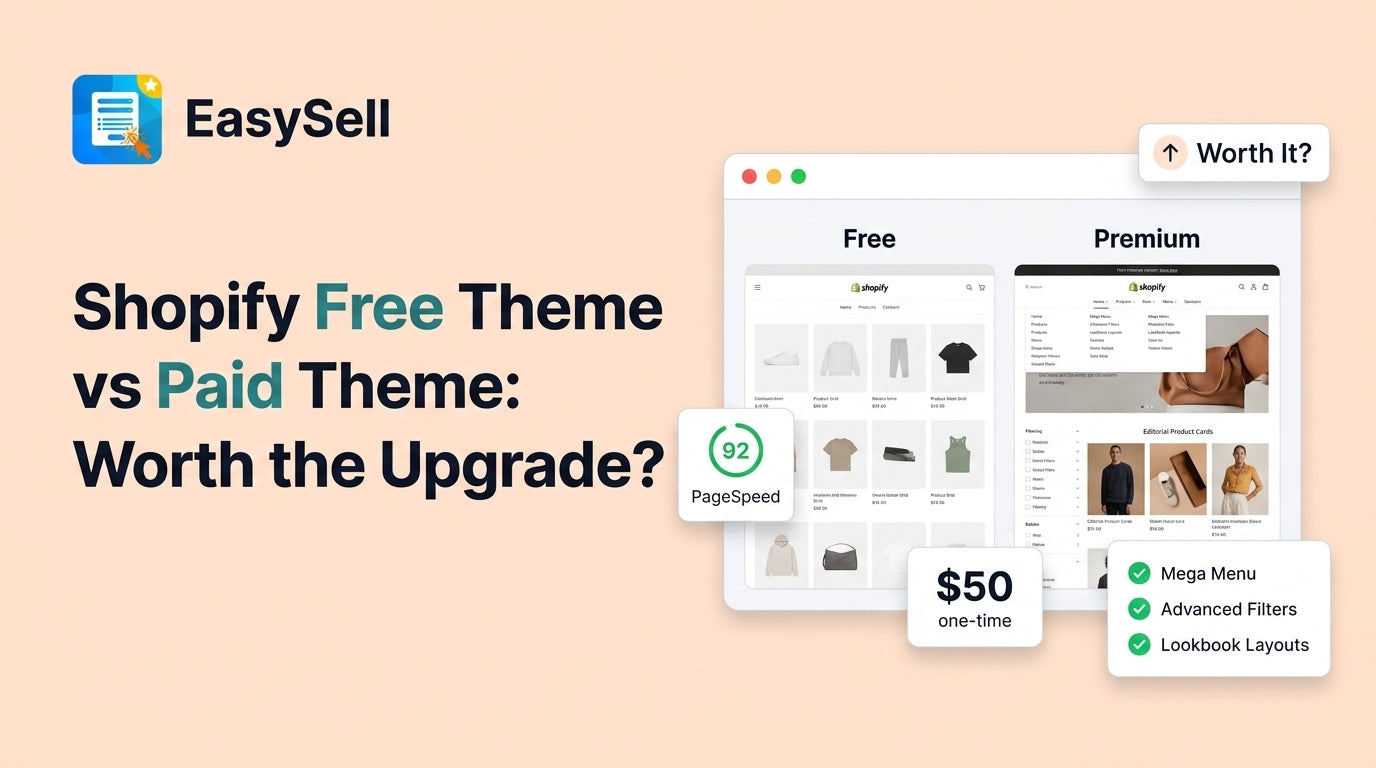Shopify free theme vs paid theme comparison showing browser mockups of free and premium store layouts with PageSpeed score badge, feature checklist for mega menus and advanced filters, and Worth It question badge