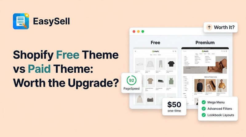 Shopify free theme vs paid theme comparison showing browser mockups of free and premium store layouts with PageSpeed score badge, feature checklist for mega menus and advanced filters, and Worth It question badge