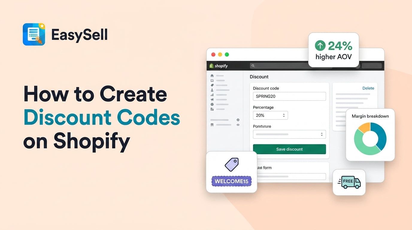How to create Shopify discount codes — admin interface showing percentage, fixed amount, and free shipping discount setup options