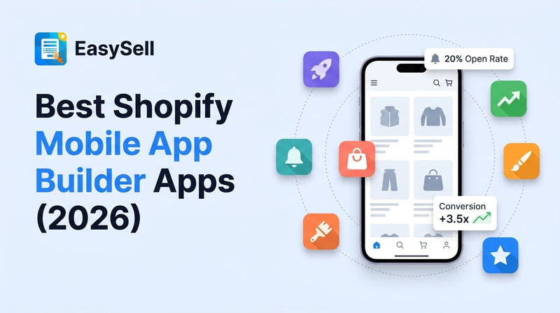 Best Shopify mobile app builder apps for 2026 featuring a smartphone mockup with floating app icons, conversion rate badge, and push notification open rate stat