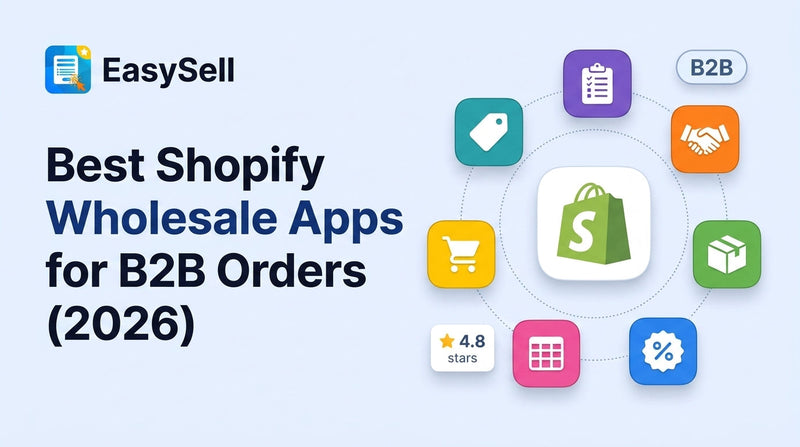 EasySell blog header showing best Shopify wholesale apps for B2B orders with floating app icons orbiting a Shopify bag on a soft blue background