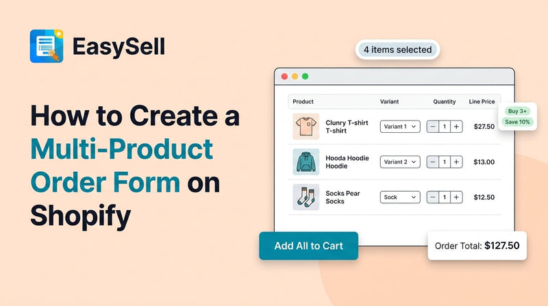 Shopify multi-product order form showing multiple products with quantity selectors and add-to-cart button on a single page