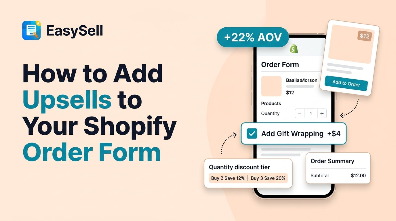 Shopify order form with upsell offers including checkbox add-ons and quantity discounts on a clean dashboard interface