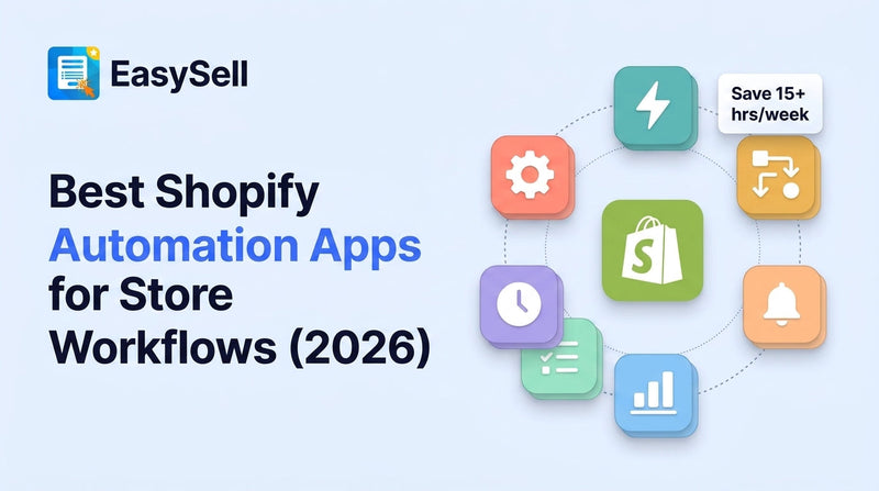 Best Shopify automation apps for store workflows in 2026 with floating app icons around a Shopify bag showing gear, lightning, clock, chart, bell, and checklist symbols on a soft blue background