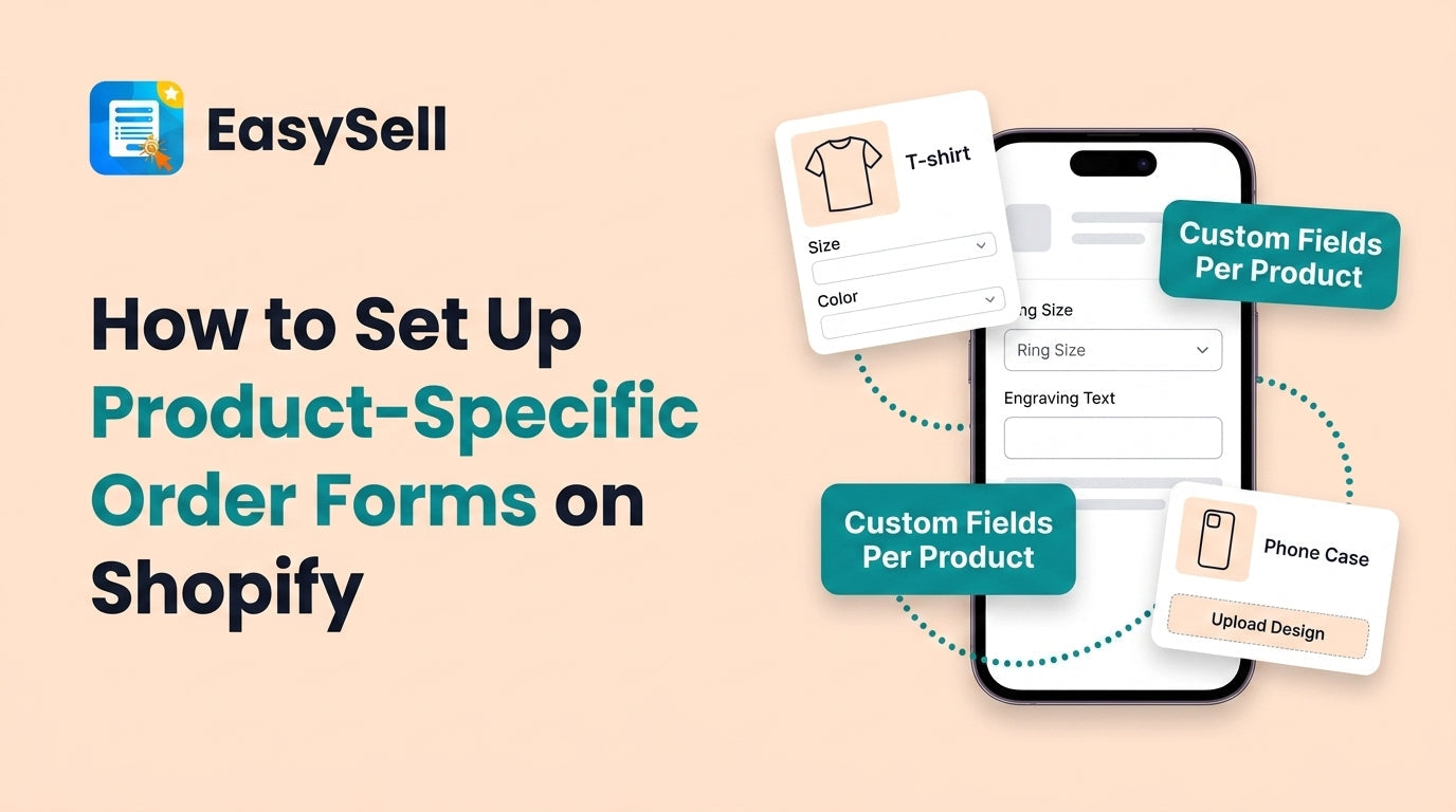 Shopify product-specific order form setup with custom fields for different product types