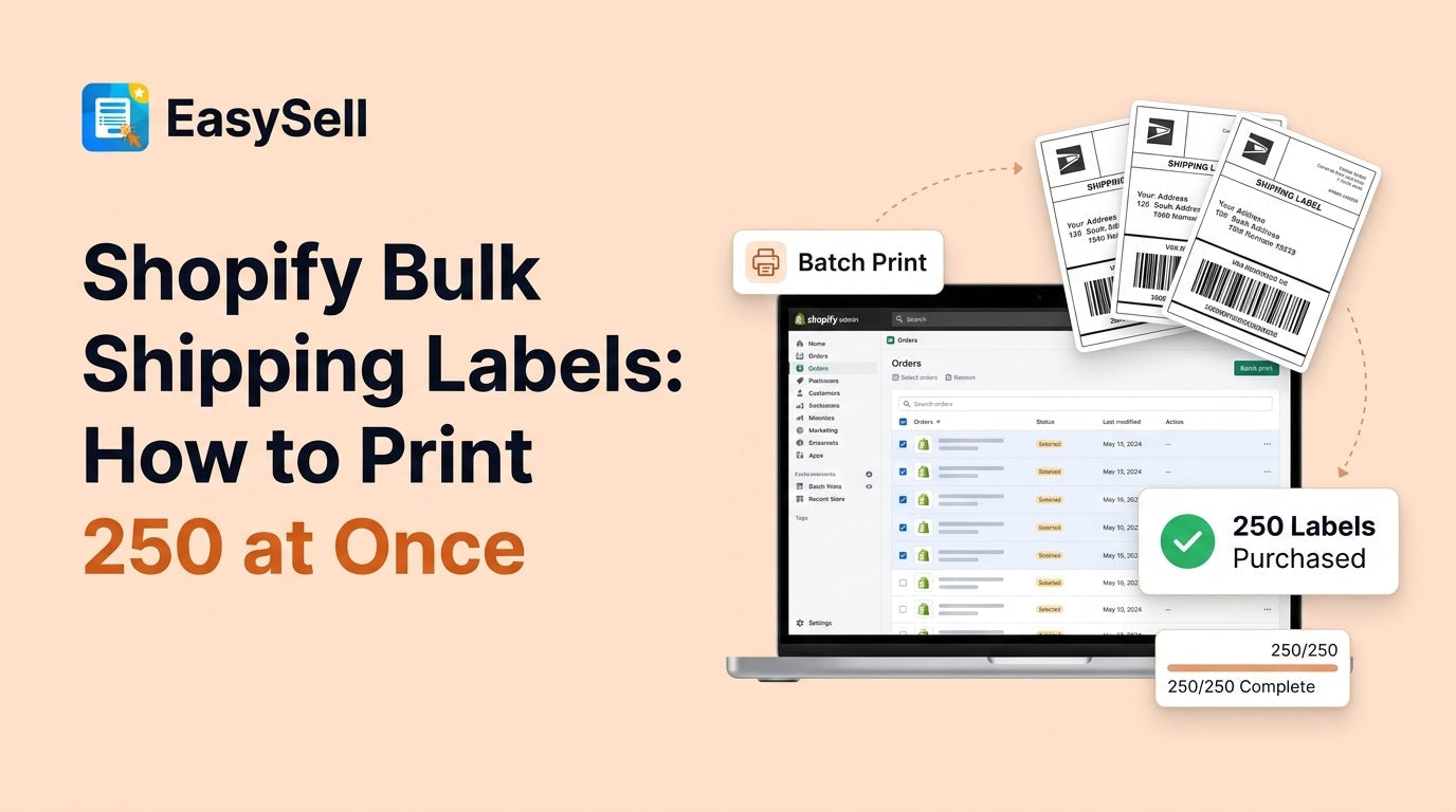 Shopify bulk shipping label printing workflow with stacked labels and order dashboard