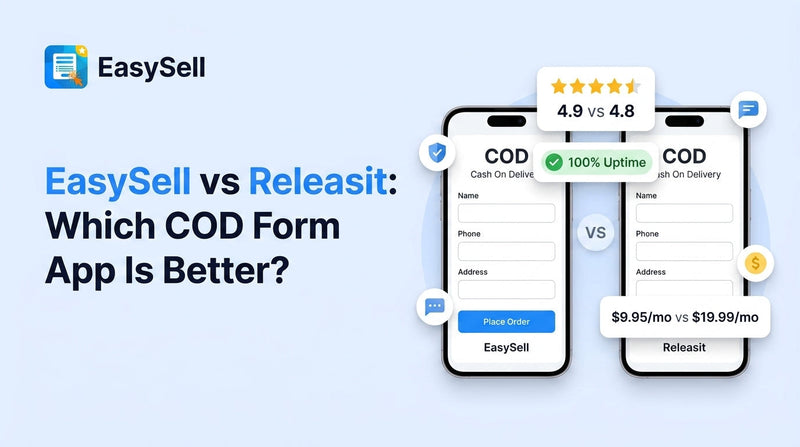 EasySell vs Releasit comparison showing two phone mockups with COD order forms, star ratings 4.9 vs 4.8, 100% uptime badge, and pricing cards