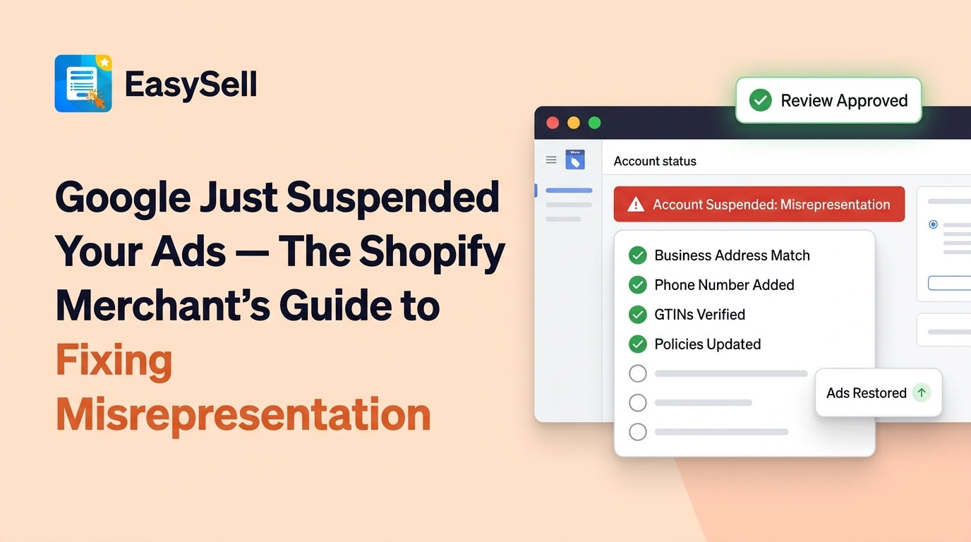 EasySell blog header showing Google Merchant Center account suspended for misrepresentation with a checklist of fixes including business address match, phone number, GTINs verified, and policies updated, plus Review Approved and Ads Restored badges