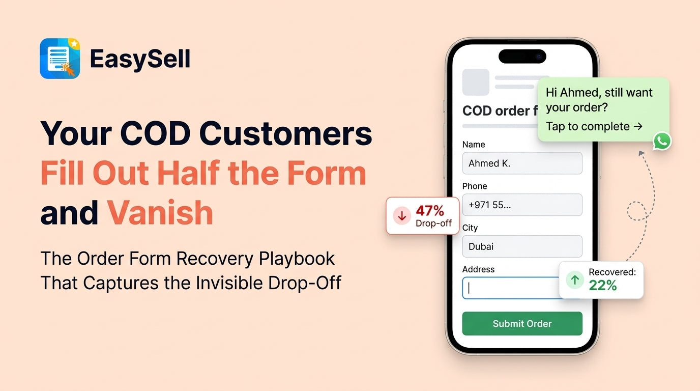 COD order form on mobile showing partial completion with recovery notification via WhatsApp