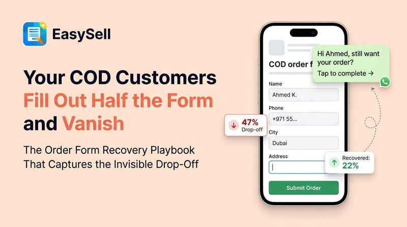 COD order form on mobile showing partial completion with recovery notification via WhatsApp