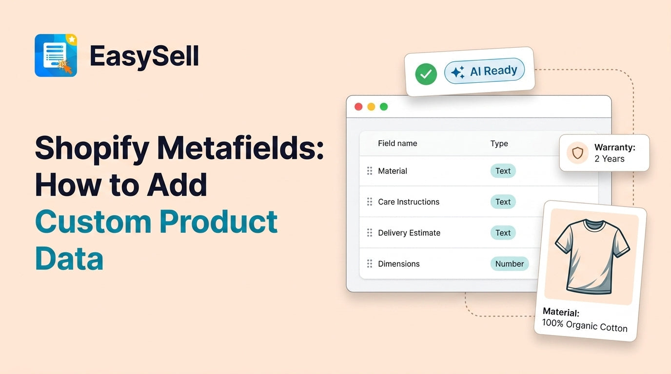 Shopify metafields setup interface showing custom product data fields on a clean dashboard