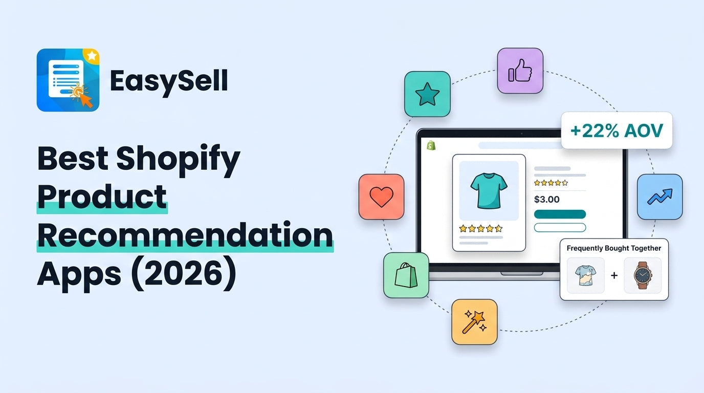 Best Shopify product recommendation apps 2026 comparison showing app interface mockups with AI recommendation widgets on product and cart pages