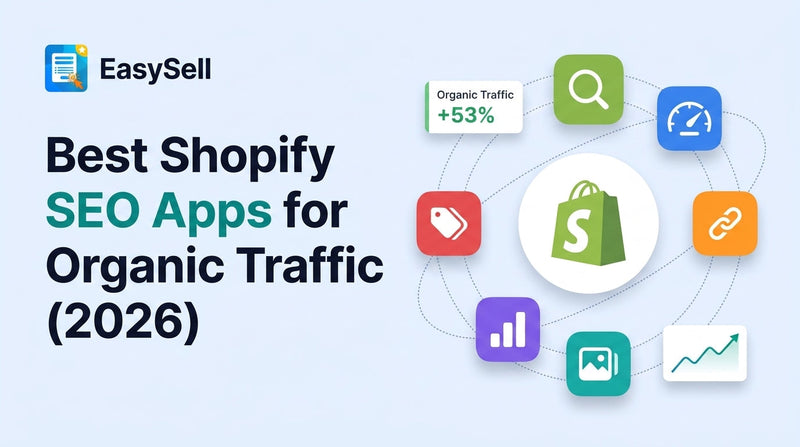 Best Shopify SEO apps for organic traffic in 2026 — Shopify bag surrounded by colorful app icons for search, speed, links, analytics, and images on a soft blue background