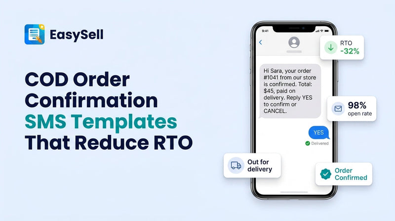 Mobile phone showing a COD order confirmation SMS template with reply options