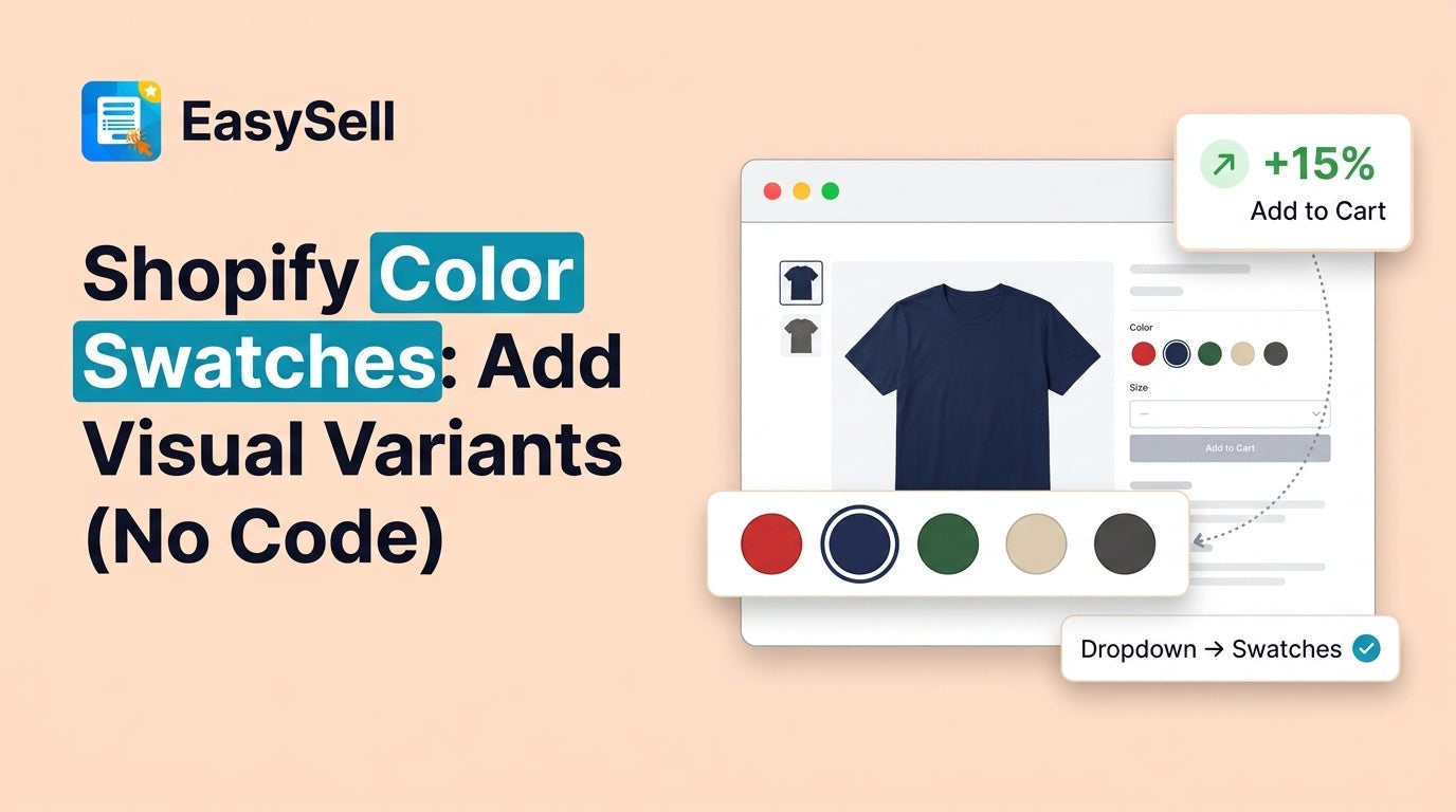 Shopify product page with color swatch variant selector showing visual color options