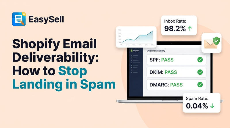 Shopify email deliverability dashboard showing SPF DKIM DMARC authentication status with inbox placement metrics