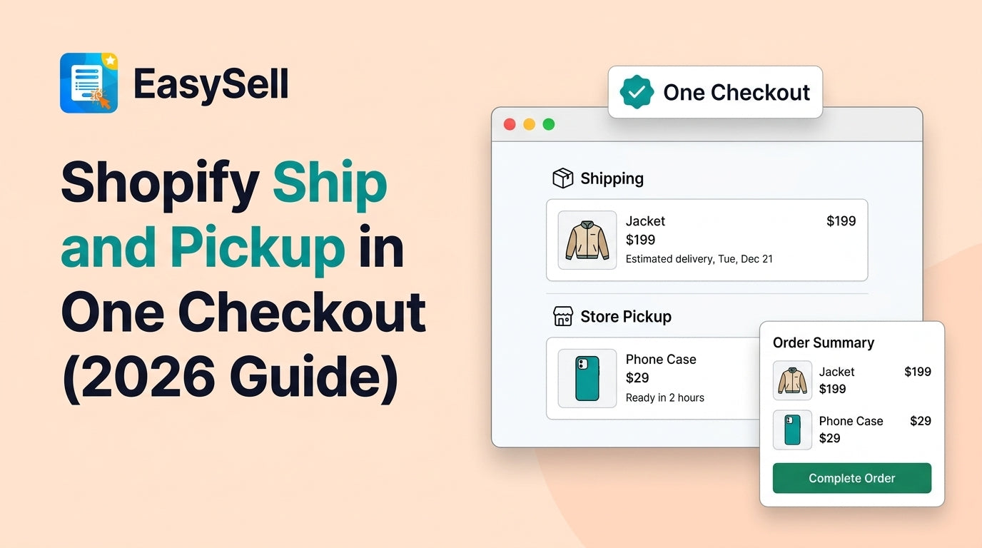 EasySell blog header showing Shopify checkout with split delivery groups for shipping a jacket and store pickup for a phone case in one order with Order Summary card