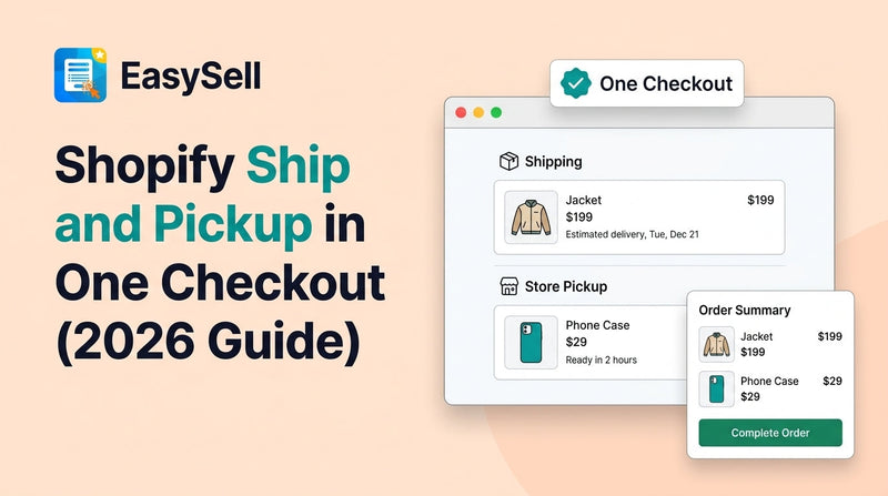 EasySell blog header showing Shopify checkout with split delivery groups for shipping a jacket and store pickup for a phone case in one order with Order Summary card