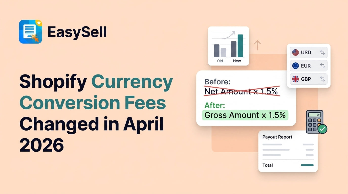 Shopify currency conversion fee calculation change April 2026 with payout breakdown