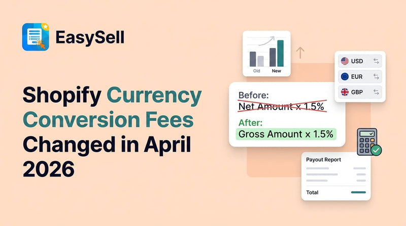 Shopify currency conversion fee calculation change April 2026 with payout breakdown