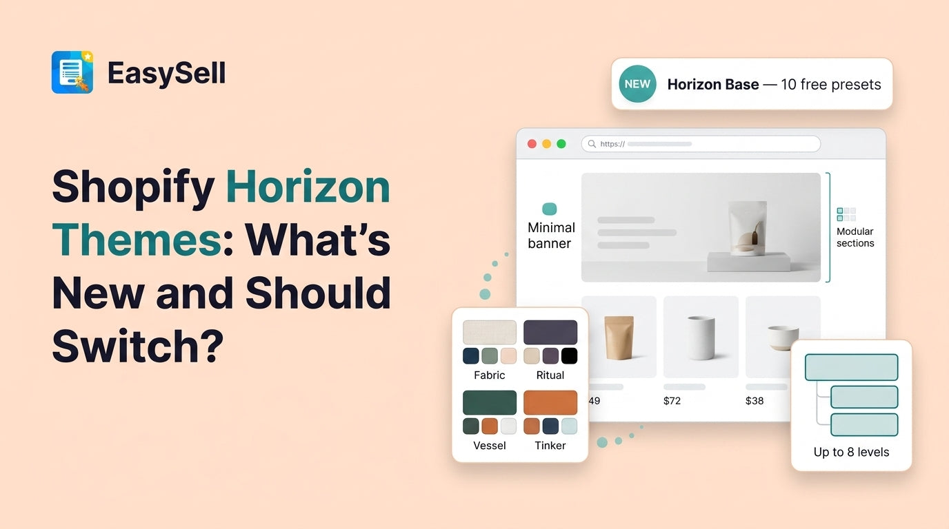 Shopify Horizon themes preview with browser mockup, preset color palettes, and nested blocks diagram