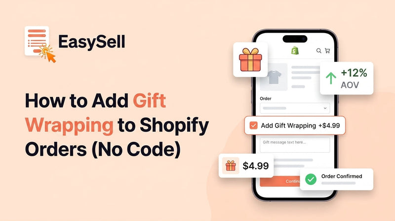 Shopify gift wrapping add-on setup showing a one-click checkbox on a product order form