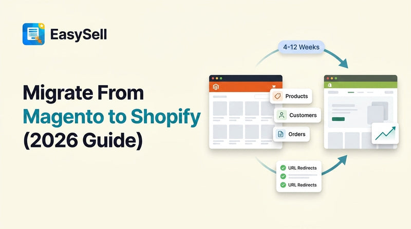 Magento to Shopify migration guide showing data transfer between platforms with checklist elements