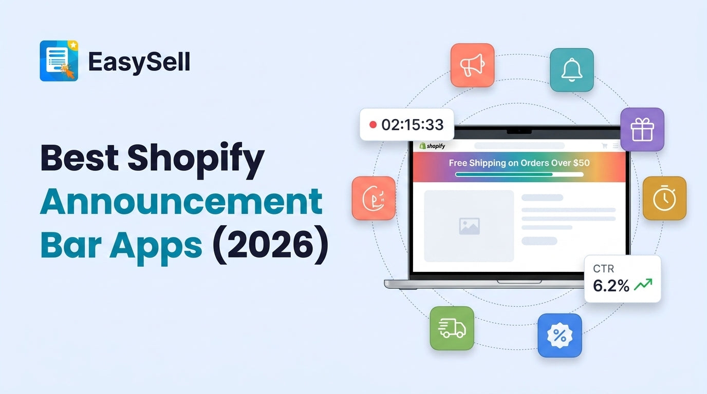 Best Shopify announcement bar apps for 2026 featuring a laptop with a free shipping bar, floating app icons, countdown timer, and CTR statistics
