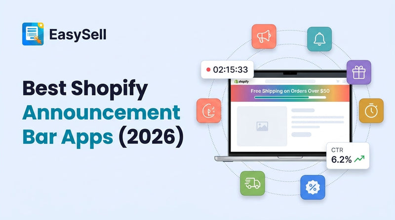 Best Shopify announcement bar apps for 2026 featuring a laptop with a free shipping bar, floating app icons, countdown timer, and CTR statistics