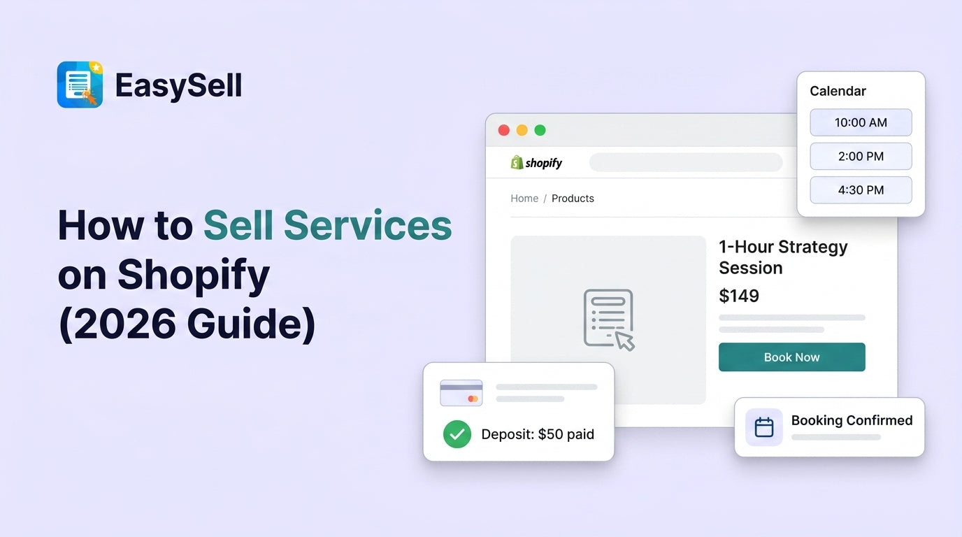 Shopify store dashboard showing a service product listing with booking calendar and no-shipping configuration